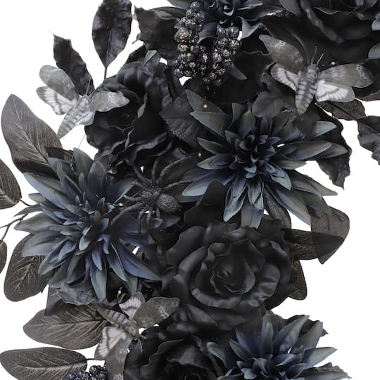 26" LED Black & Dusty Navy Dahlia, Rose & Moth Moon Wreath by Ashland®